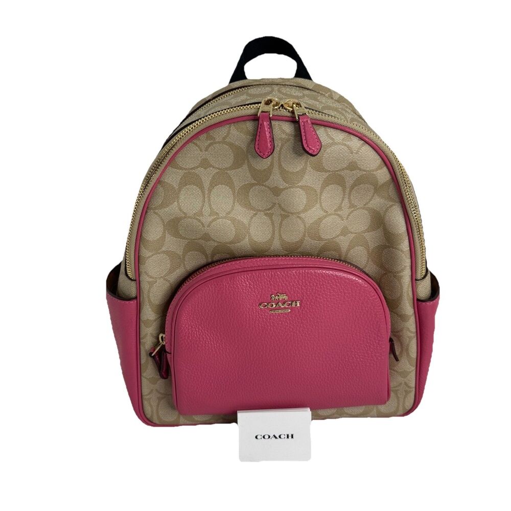 Coach Backpack Court Khaki Pink Saddle Signature Coated Canvas Leather EXC